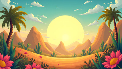 Desert Fiesta Background with Cactus, Colorful Bunting, Sombrero Cinco de Mayo, Mexican Party Invitation, Western Poster Template, Festival Event or Greeting Card Design