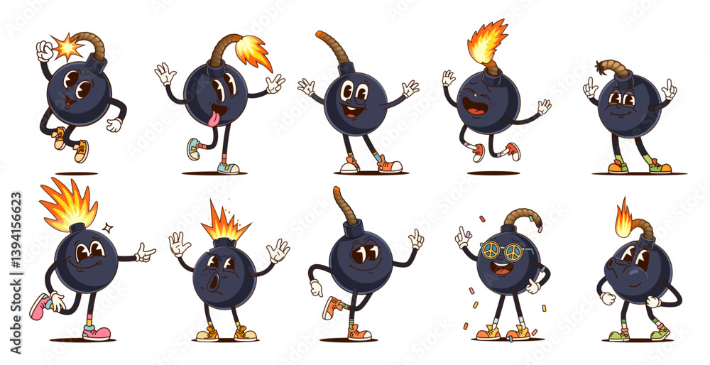 Fototapete groovy bomb characters in retro cartoon comic art, vector funky and funny explosive tnt. groovy bomb
