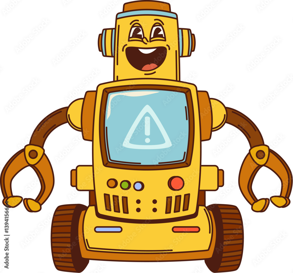 Poster cartoon funny groovy robot and droid character with playful expression and friendly smiling face. ve