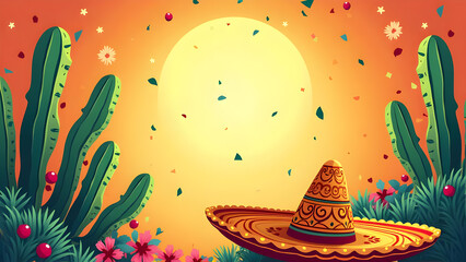 Desert Fiesta Background with Cactus, Colorful Bunting, Sombrero Cinco de Mayo, Mexican Party Invitation, Western Poster Template, Festival Event or Greeting Card Design