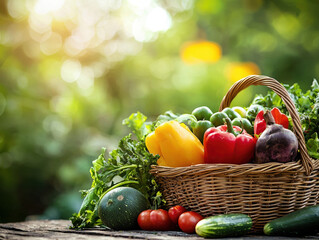 A rustic wicker basket overflowing with fresh garden vegetables sits on a weathered wooden surface against a vibrant sunlit background showcasing healthy organic produce.