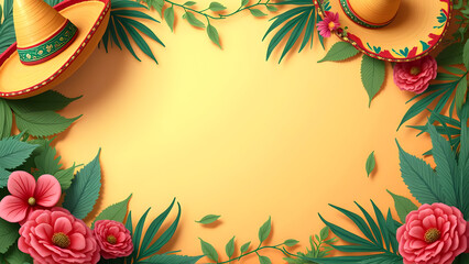 Desert Fiesta Background with Cactus, Colorful Bunting, Sombrero Cinco de Mayo, Mexican Party Invitation, Western Poster Template, Festival Event or Greeting Card Design