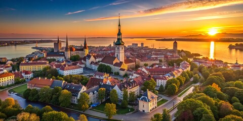Obraz premium Stunning Aerial Sunrise Over Tallinns Skyline and Pikakari Beach Estonia A Panoramic View of Coastal Beauty