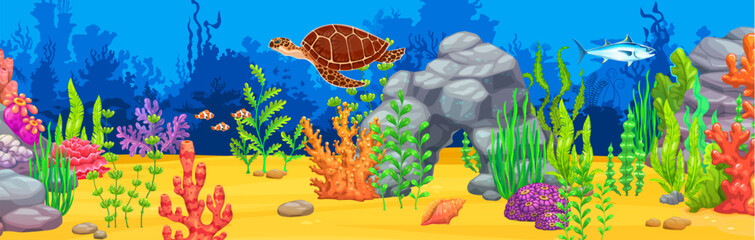 Underwater landscape, game background with sea turtle and colorful seaweeds. Cartoon vector gui level with rocks, coral reef and fish shoal in the ocean depths. Water aquatic tropical undersea life