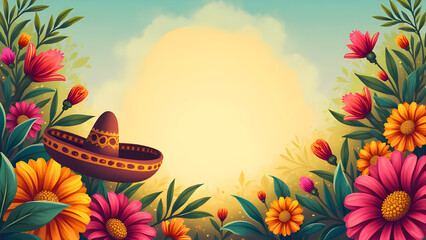 Desert Fiesta Background with Cactus, Colorful Bunting, Sombrero Cinco de Mayo, Mexican Party Invitation, Western Poster Template, Festival Event or Greeting Card Design