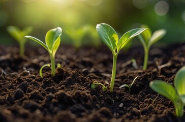 Close-up of a tender green plant pushing through fertile earth, representing hope, resilience, and the beauty of nature's cycle. Other young plants are softly visible in the background.