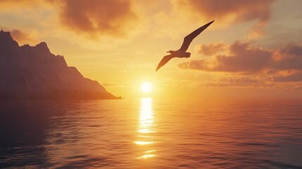 Fototapeta premium A bird flying over the ocean during sunset with mountains and clouds in the background scene view