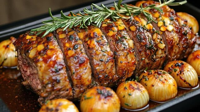 Roasted Rosemary Beef:  A succulent, golden-brown roast beef studded with aromatic garlic cloves and a sprig of rosemary rests on a bed of golden roasted onions.