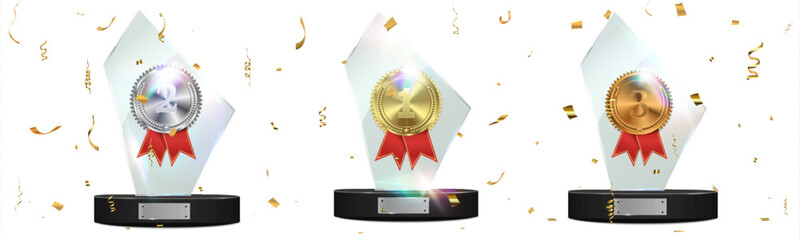 Realistic medal encased in glass with podiums, ribbons, and confetti for victory, competition, and championship design.	
