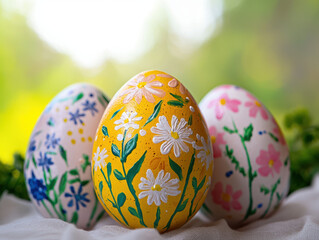 Fototapeta premium Three hand-painted Easter eggs decorated with delicate floral designs sit on a white fabric against a blurred green sp background showcasing sptime and Easter celebrations.