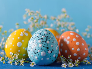 Three colorful Easter eggs decorated with white polka dots sit led amongst delicate white flowers against a bright blue background creating a festive sp scene perfect for
