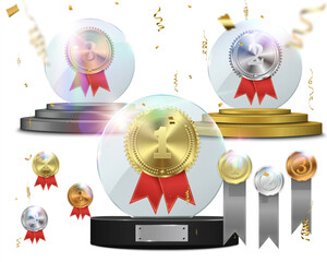 Realistic medal encased in glass with podiums, ribbons, and confetti for victory, competition, and championship design.	
