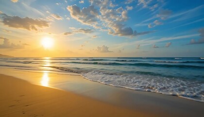 Serene sunrise at the beach with golden sand and turquoise ocean water