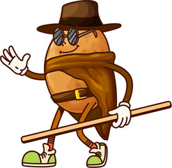 Cartoon groovy potato cowboy, sheriff and bandit vegetable character. Isolated vector ripe raw tuber personage in western hat and sunglasses holding a stick. Farm healthy food, wild west defender