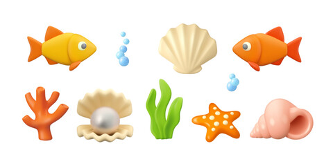 Marine vector 3d icon set. Sea life cute illustrations. Fish, seashell, starfish, coral, seaweed and water bubbles. Ocean or aquarium design elements isolated on white background