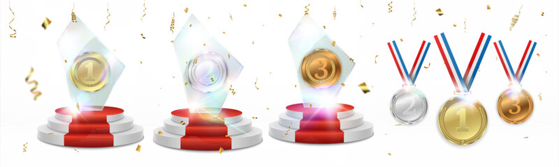 Realistic medal encased in glass with podiums, ribbons, and confetti for victory, competition, and championship design.	
