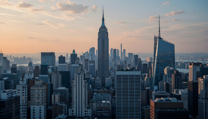 City Skyline View with Skyscrapers at Sunset in an Urban Landscape