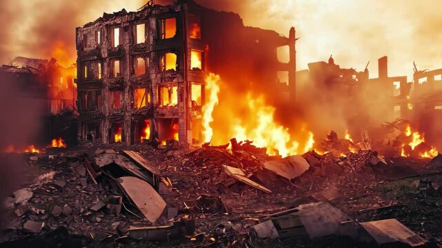 War zone destruction as flames engulf a derelict building during a recent attack, destroyed building at war zone attack, fire burn, video in background