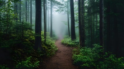Obraz premium Mystical Forest Trail: A tranquil trail meanders through a foggy, verdant forest, the path disappearing into the misty distance, hinting at a journey of discovery and solitude.