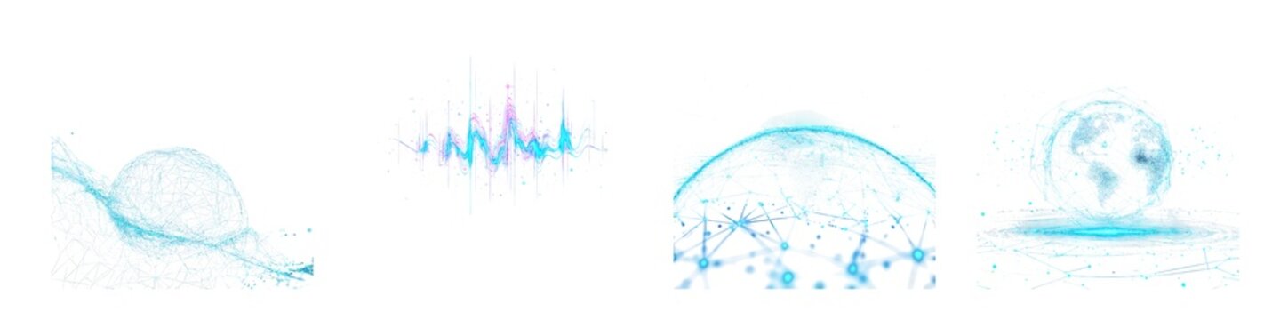 Set of Global network visualization abstract data glowing earth digital connections isolated on transparent