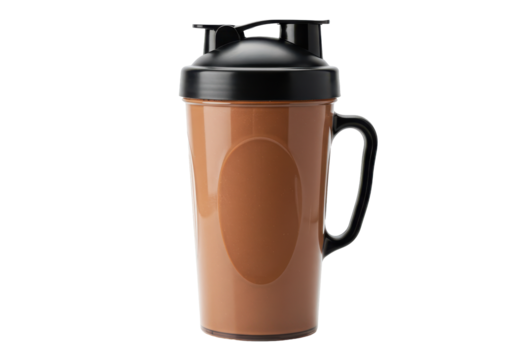Brown protein shaker cup with a black lid on a white background, ideal for fitness