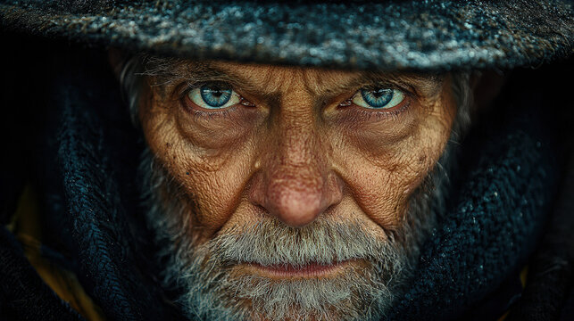 A weathered old man with piercing blue eyes stares intensely from under a dark hooded cloak in a close-up portrait.