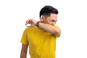 Unhealthy young Asian man suffering from throat irritation and cough isolated on transparent background