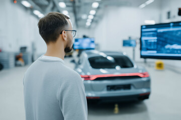 man observes self driving car in high tech garage, focusing on digital screens displaying data. environment is modern and innovative, highlighting advanced automotive technology