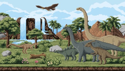 Prehistoric dinosaurs, 8bit pixel art game landscape with Jurassic lizards, vector background. Cartoon 8 bit pixel arcade game landscape with dinosaurs, giant reptiles or dino lizards in jungle forest © Vector Tradition