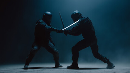 Naklejka premium Two armored figures engage in intense knife combat scene, silhouetted against dramatic, smoky backdrop. dynamic pose and focused stance convey tension and skill