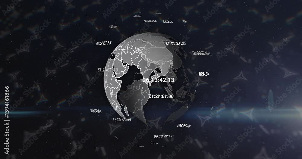 Poster rotating globe with digital codes and data processing animation over dark background