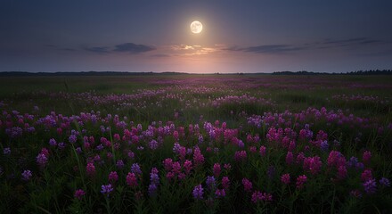 Naklejka premium Blooming Meadow at Night with a Full Moon Illuminating Flowers