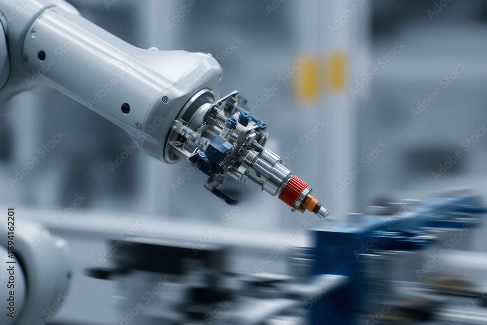 Aufkleber robotic arm with precise mechanical grip is operating in industrial setting, showcasing advanced technology and automation. focus is on arm intricate components