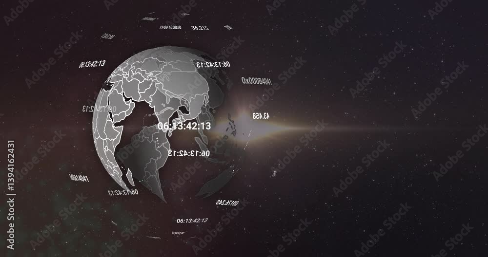 Poster animation of rotating globe with digital codes and numbers in space background