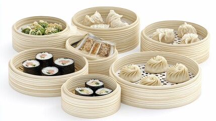 Assorted dim sum in bamboo steamers
