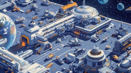A futuristic spaceport bustling with various spacecraft and structures under a starry sky.