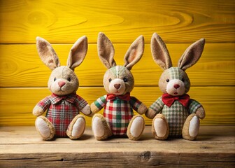 Obraz premium Adorable Plaid Bunnies on a Wooden Surface A Charming Trio Against a Vibrant Yellow Background