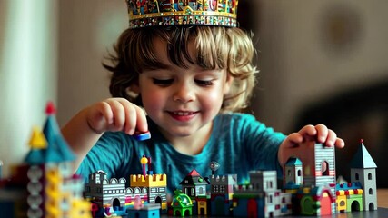 Child in crown enjoys imaginative play with colorful toy castle indoors during afternoon, Child in crown playing with toy castle indoors