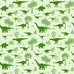 Prehistoric dinosaur seamless pattern of Jurassic lizards and reptiles, vector background. Cartoon dino pattern with green trees and palm jungle, pterodactyl and giant dinosaur characters background