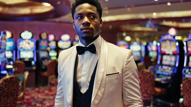 Elegant man in a tuxedo stands confidently inside a casino while observing the vibrant slot machines and gaming area at night