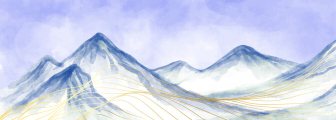 Blue Mountains landscape watercolor painting illustration. Abstract contemporary aesthetic backgrounds landscapes. with mountains, hill, sun and line art. use for print art, poster, cover, banner