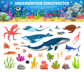Cartoon underwater sea landscape constructor with fishes and ocean animals, vector undersea world. Underwater coral reef characters of octopus with turtle, jellyfish and seahorse for kids constructor