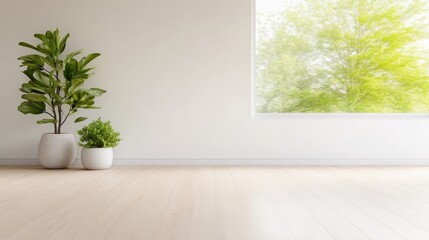Fototapeta premium Minimalist interior with plants and large window. Bright, modern space