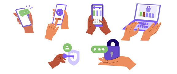 Cyber crime set. Characters loss personal data access, answering a scam call, get fraud mail with virus. Phishing, data breach, information leakage concept.