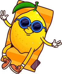 Cartoon groovy lemon fruit character relaxing on beach towel, wearing stylish sunglasses and sneakers. Funny tropical citrus personage with a chill expression radiates fun, summer and vacation vibe