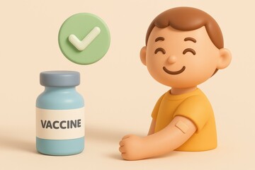 Vaccination: A cute cartoon boy smiles with a satisfied expression after vaccination. The vaccination vial and check mark emphasize the importance of health and immunization.