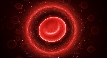 Obraz premium Human Science Red blood cell surrounded by a glowing aura in a dark background, human biology and circulatory system