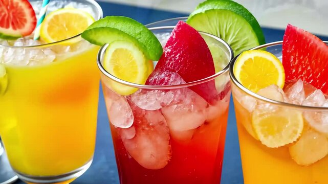 Refreshing iced drinks lined up with vibrant fruits during a sunny afternoon gathering, A row of colorful, refreshing iced drinks with fruit garnishes Perfect for summer refreshment