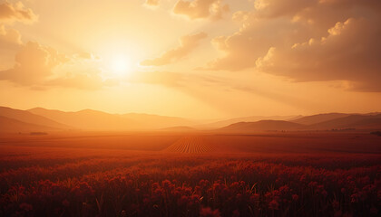 Obraz premium Golden sunset over a vast field of red flowers creating a breathtaking landscape perfect for nature lovers