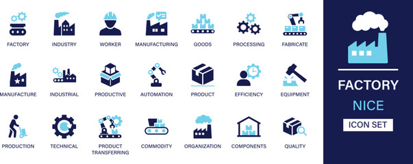 Factory icon set collection. Industry, worker, manufacturing, goods, processing, fabrication, productive, equipment, technical, commodity and best solid icon set